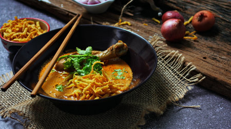Northern Thai Curry Noodles with Chicken, Northern Thai Food High contrast photography, food photography, textured wooden table.の写真素材