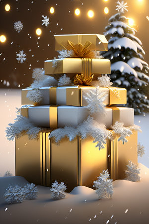 Gift boxes with snowflakes and christmas tree in the backgroundの素材