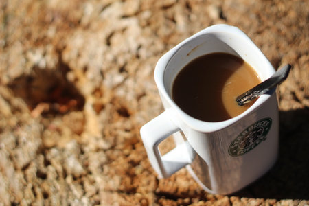 Washington USA, September 19 2022 : Hot coffee, Starbucks logo, sitting on an old log by an outdoor fire in the morning sunshine. Shallow depth of field with spot focus on Starbucks logo, blurred background.のeditorial素材