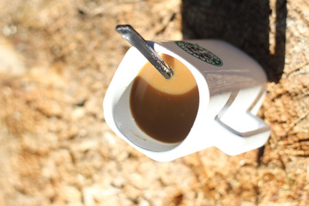 Washington USA, September 19 2022 : Hot coffee, Starbucks logo, sitting on an old log by an outdoor fire in the morning sunshine. Shallow depth of field with spot focus on Starbucks logo, blurred background.のeditorial素材