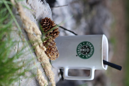 Washington, USA - January 13 2023 : Starbucks Coffee Mug Placed on rocks around a camping campfire with pine cones and reeds, modern tones.のeditorial素材