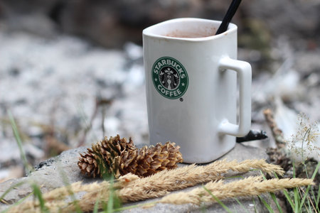 Washington, USA - January 13 2023 : Starbucks Coffee Mug Placed on rocks around a camping campfire with pine cones and reeds, modern tones.のeditorial素材