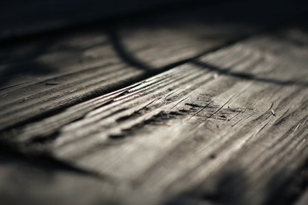 Wooden balcony with sunlight in the back in the morning, deep off-field, wood texture, brown wooden balcony.の写真素材