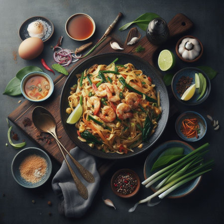 Thai food, stir-fried noodles with prawns and vegetables on dark backgroundの素材