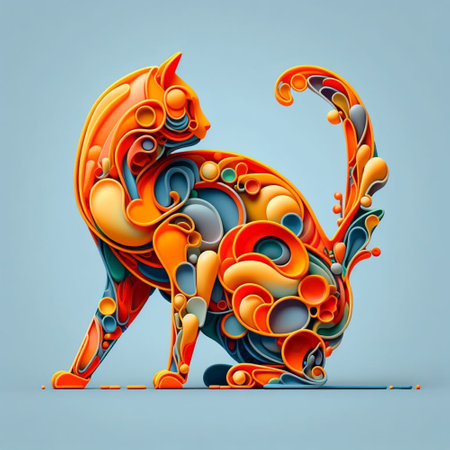 Colorful cat on a blue background. 3d render illustration.の素材