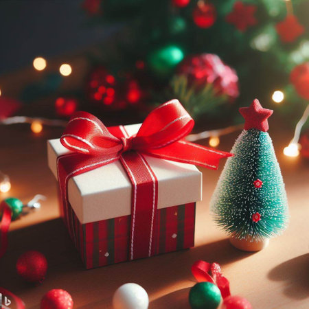 Christmas and New Year background with Christmas tree, presents and decorations.の素材