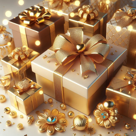 Golden gift boxes with bows on white background. 3D illustration.の素材