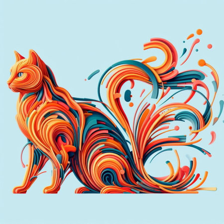 Colorful cat on blue background. 3D illustration. Vintage style.の素材