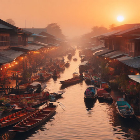 Traditional Thai boats on the canal at sunrise in Bangkok, Thailand.の素材