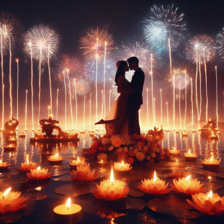 Silhouette of a bride and groom kissing on firework backgroundの素材