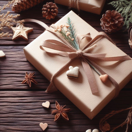 Gift boxes on a wooden background. Christmas and New Year.の素材