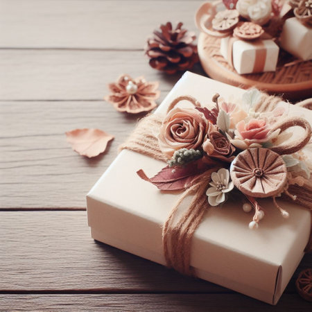 Gift box on wooden background, vintage tone, selective focus.の素材