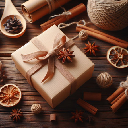 Christmas gift box with cinnamon, anise and dried oranges on wooden backgroundの素材
