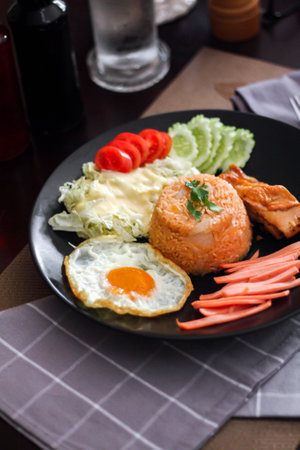 Fried rice, fried egg, cucumber, sliced tomato, green salad and Fried chicken placed on a black plate as a garnish.の写真素材