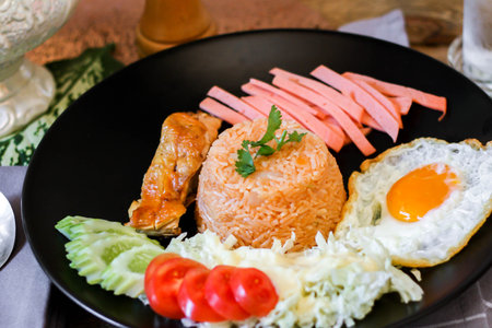 Fried rice, fried egg, cucumber, sliced tomato, green salad and Fried chicken placed on a black plate as a garnish.の写真素材