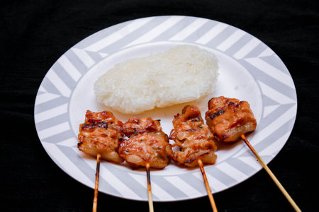 Roast pork with sticky rice, Thai food for breakfast in Thailand, placed on a white plate in thailand.の写真素材