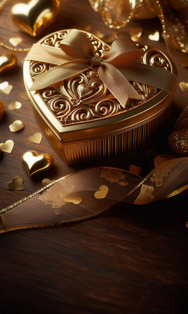 Golden heart-shaped box for Valentine's Day and love, with copy space, gold, hearts, rosesの素材