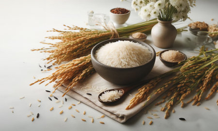 Rice seeds and wheat plants, food of Asian people Containing nutrients to help nourish the body, wheat, barley, wheat flour, copy spaceの素材