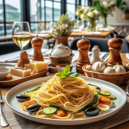 Spaghetti in a white plate Served in restaurants Complete with various condiments, photos and copy space.の素材