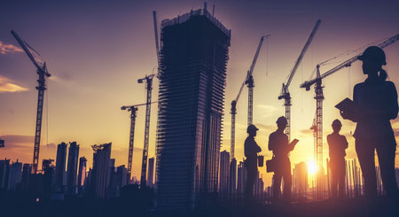 Silhouette of engineer and worker on construction site with sunset backgroundの素材
