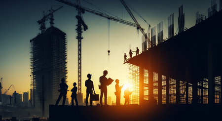 Silhouettes of architects and engineers working on the construction site.の素材
