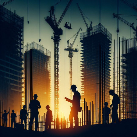 Silhouette of engineers and architects working on construction site. Construction concept.の素材
