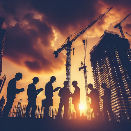 Silhouette of business people on construction site. Teamwork conceptの素材