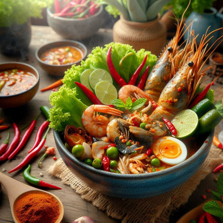 Tom Yum Goong or Tom Yum Goong is a Thai spicy soup with prawns, shrimp, chili and eggの素材