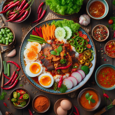 Thai food, Spicy pork salad with vegetables and egg.の素材
