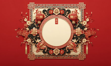 Chinese New Year frame on red background. Top view with copy spaceの素材