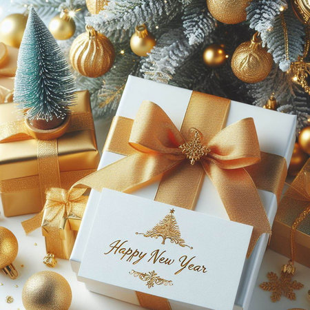 Merry Christmas and Happy New Year greeting card with gift boxes, fir tree branches and golden christmas balls.の素材