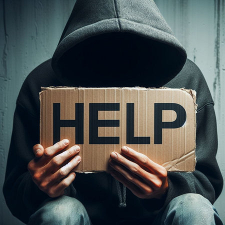 man holding a cardboard box with the word help in his hands and looking at the cameraの素材