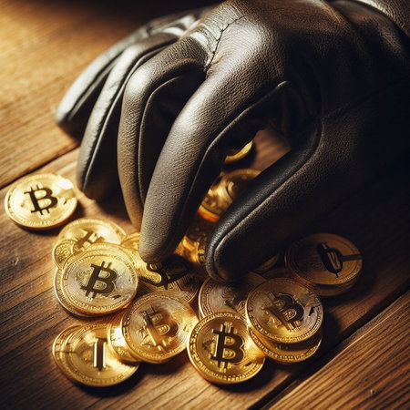 golden bitcoin coins and leather gloves on a wooden table closeupの素材