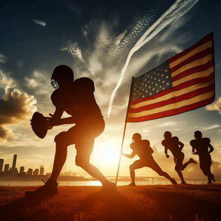 American Football Player against american flag and silhouettes of football playersの素材
