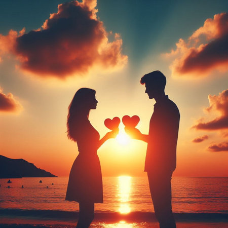 Silhouette of romantic couple holding hearts on the beach at sunsetの素材