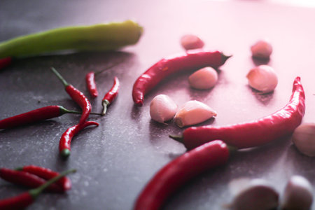 Red chilli and green chilli, garlic spread on the gray table ready to cook in the kitchen.