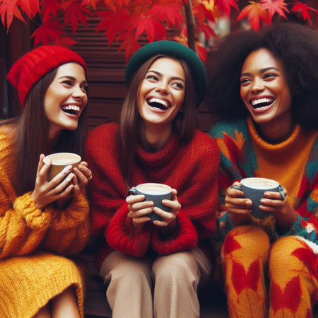 lifestyle and people concept: group of three stylish girls best friends having fun on the autumn street, drinking coffee and gossipingの素材