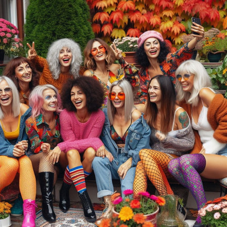 Group of happy women taking selfie with mobile phone in autumn park.の素材