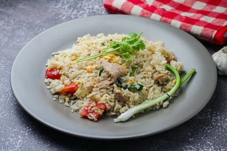 Pork fried rice is served in dishes in restaurants in Thailand, fried rice is a common street food in Thailand.の写真素材