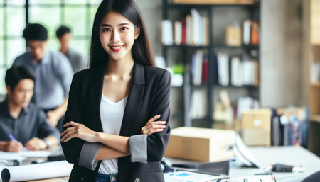 Beautiful Asian woman standing with her arms crossed in a modern workplaceの素材