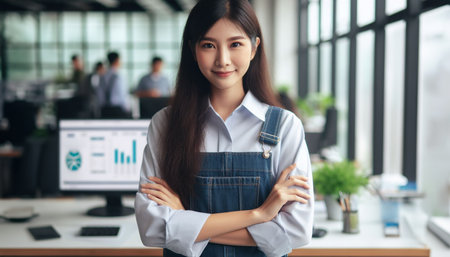 Beautiful woman with long Asian hair standing with arms crossed in modern workplaceの素材