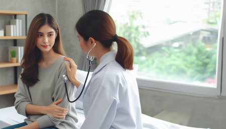 Female doctor examining patient in hospital office. Medical and healthcare concept.の素材