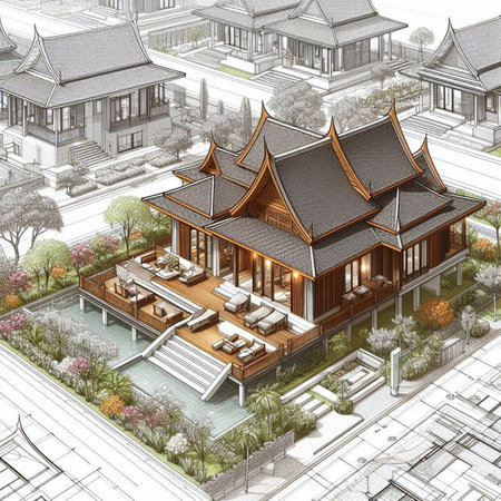 Architectural drawing, Thai house, Thai house, Asian tropical building, perspective, house.の素材