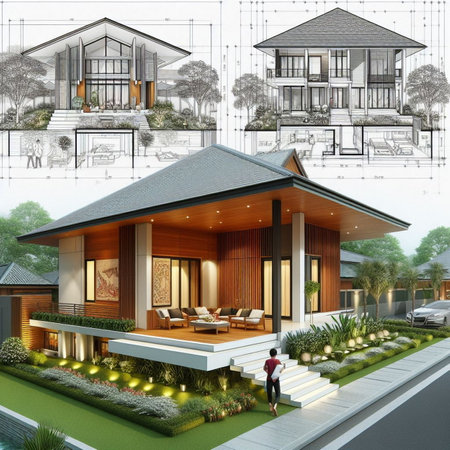Architectural drawing, Thai house, Thai house, Asian tropical building, perspective, house.の素材