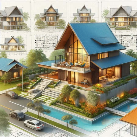Architectural drawing, Thai house, Thai house, Asian tropical building, perspective, house.の素材