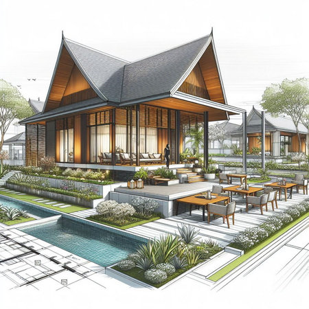 Architectural drawing, Thai house, Thai house, Asian tropical building, perspective, house.の素材