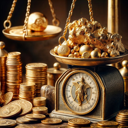 Gold lumps on the scale and golden coinsの素材