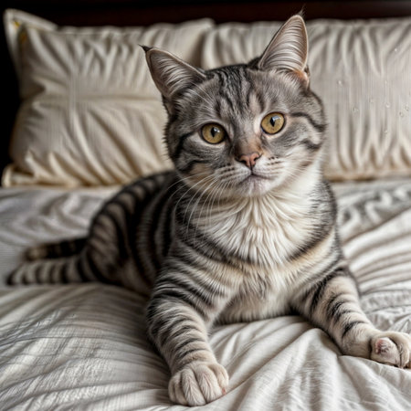 A tabby cat sits comfortably on a white bed.の素材