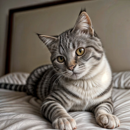 A tabby cat sits comfortably on a white bed.の素材