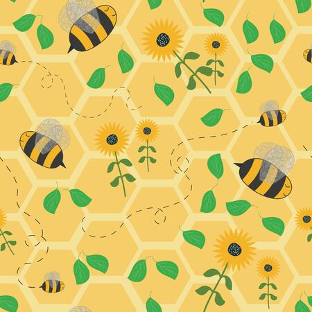 seamless pattern with fly bee on honeyのイラスト素材